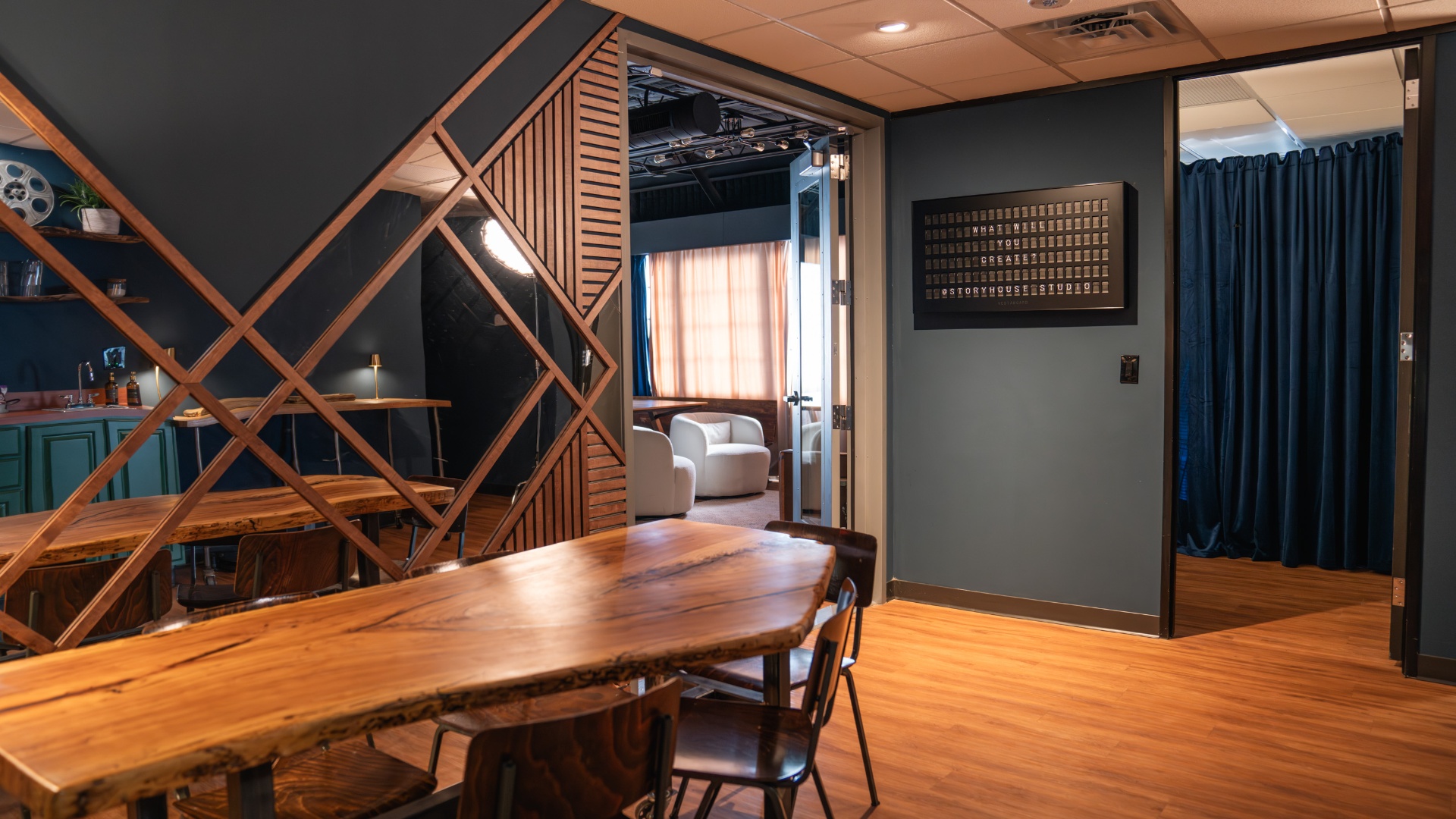Lounge entry with custom wood divider
