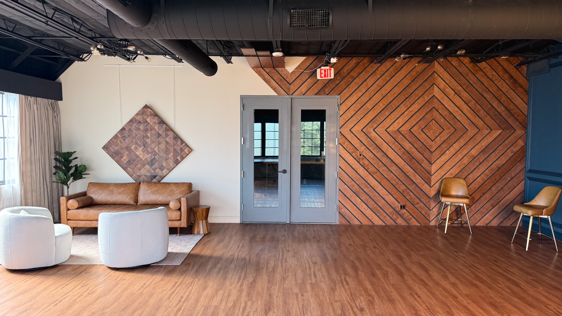 Lounge with herringbone wall